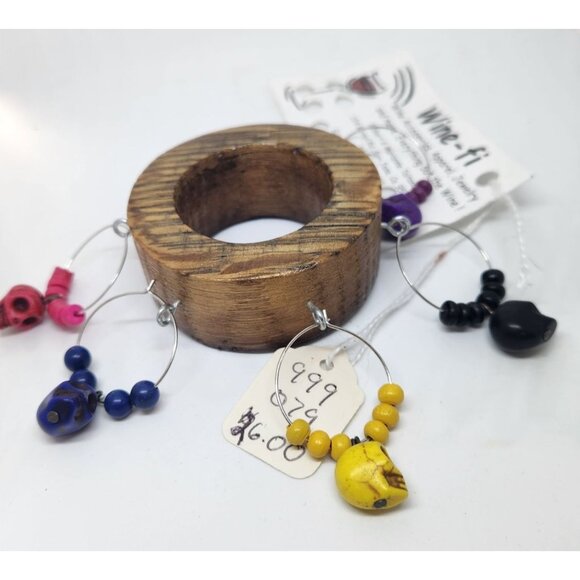 Skull Colorful Wine Glass Charms Set - 6  Themed Unique Charms With Beads & Wood - Picture 5 of 14
